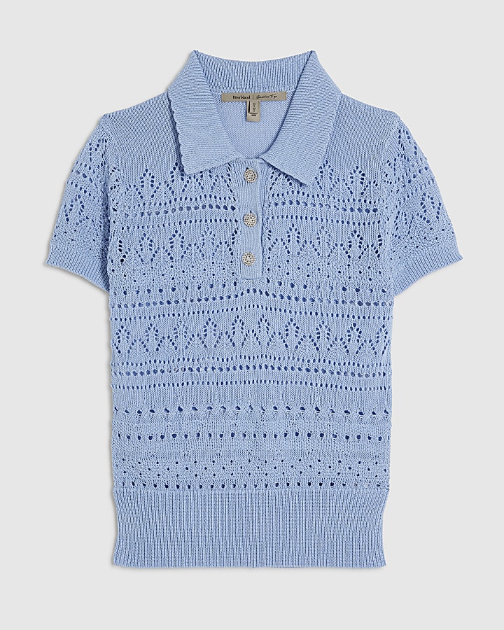 Blue Stitched Knit Polo Top