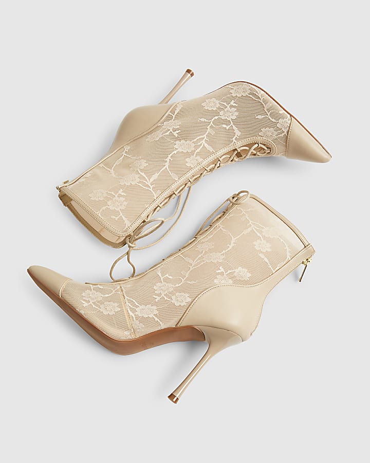 Pink Lace Pointed Toe Ankle Boots