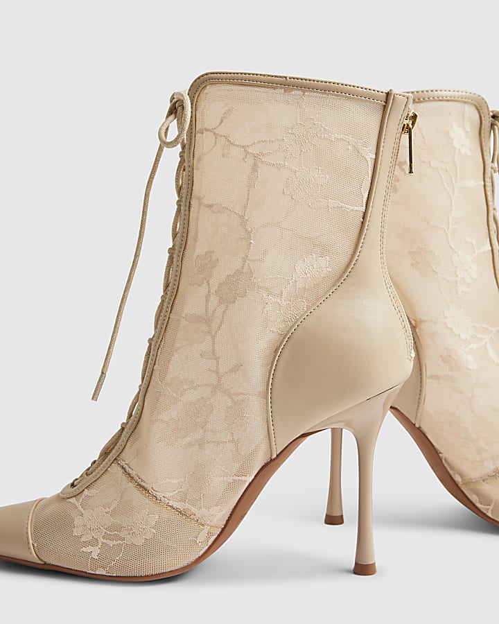 Pink Lace Pointed Toe Ankle Boots