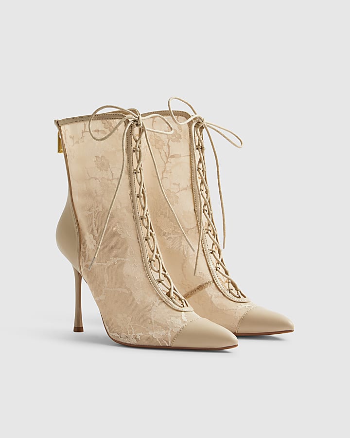 Pink Lace Pointed Toe Ankle Boots