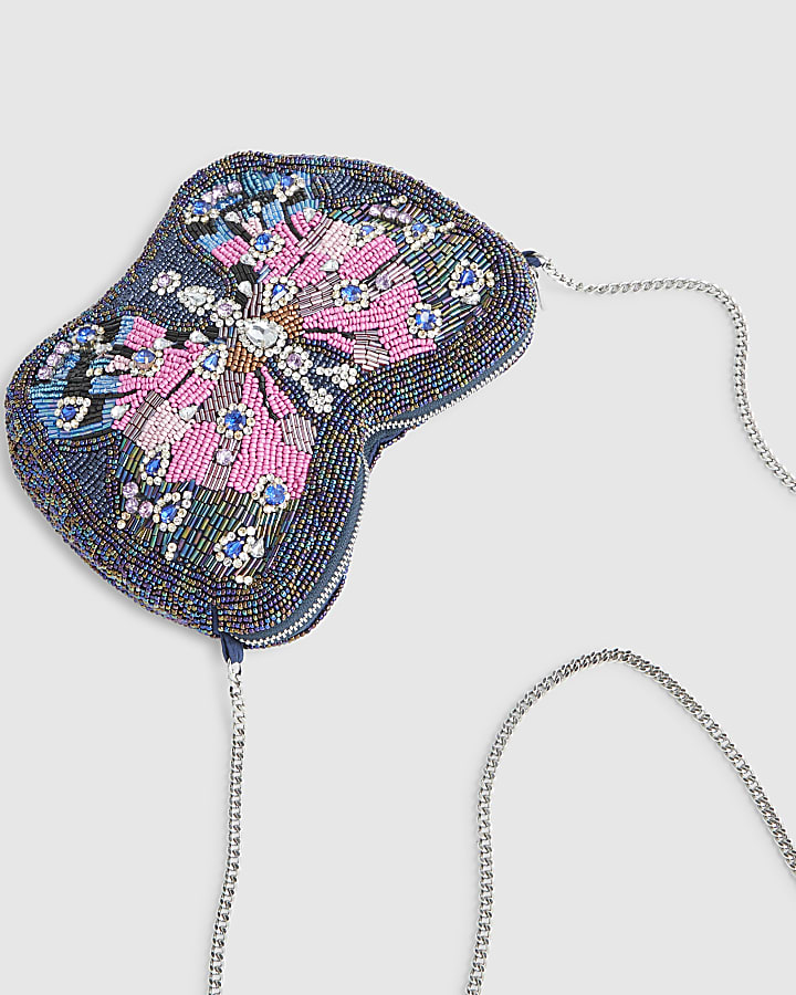 Blue Embellished Butterfly Cross Body Bag