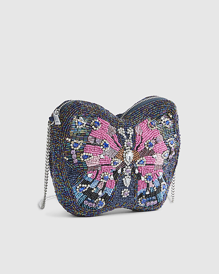Blue Embellished Butterfly Cross Body Bag