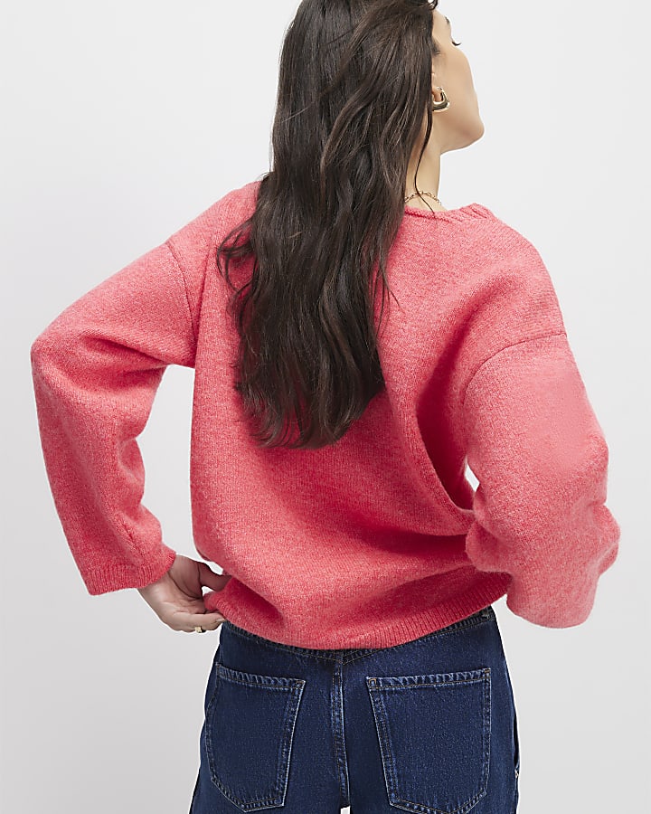 Pink Knitted V Neck Jumper