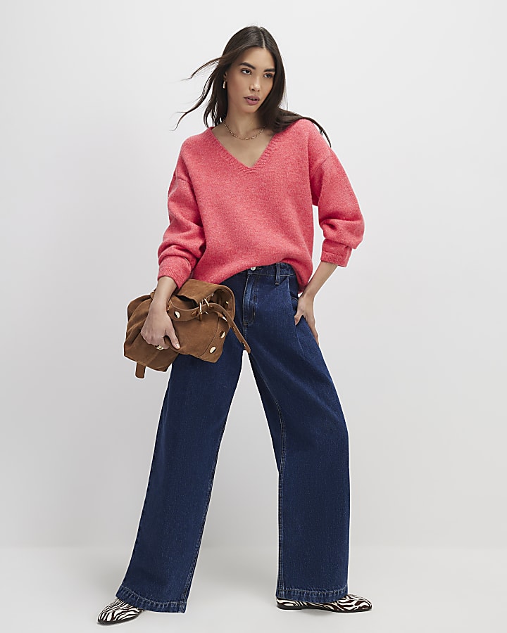 Pink Knitted V Neck Jumper