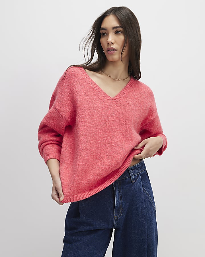 Pink Knitted V Neck Jumper
