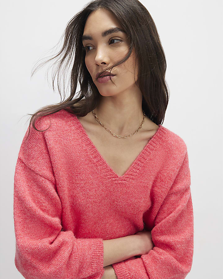 Pink Knitted V Neck Jumper