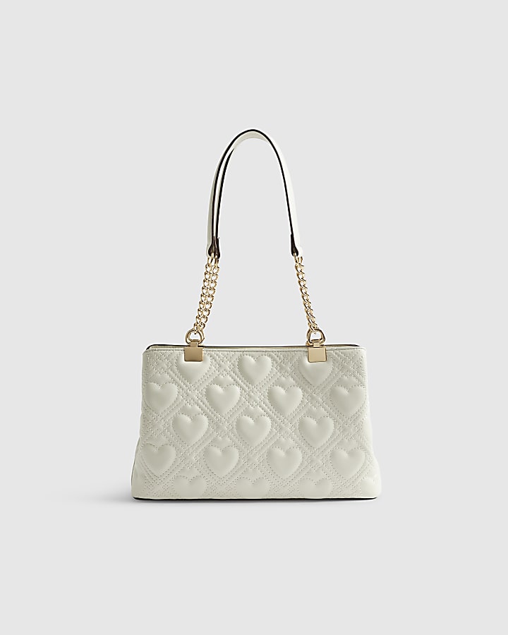 Cream Heart Chain Handle Shoulder Bag