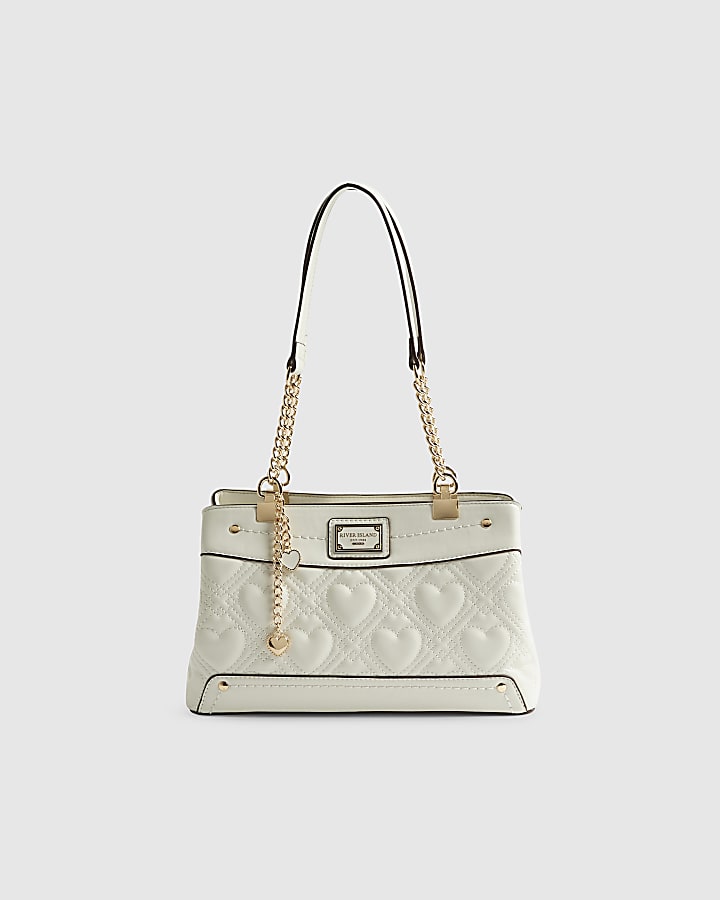 Cream Heart Chain Handle Shoulder Bag