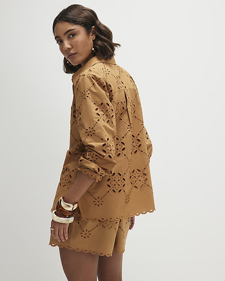 Brown Poplin Broderie Shirt