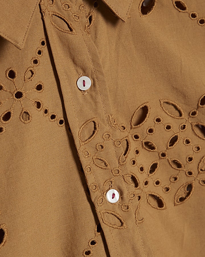 Brown Poplin Broderie Shirt