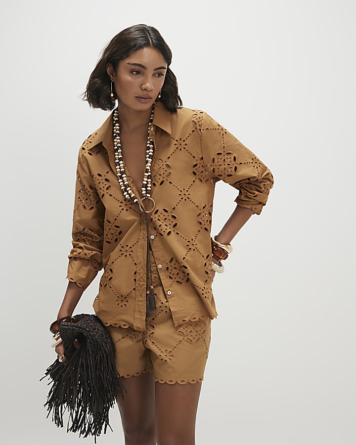 Brown Poplin Broderie Shirt