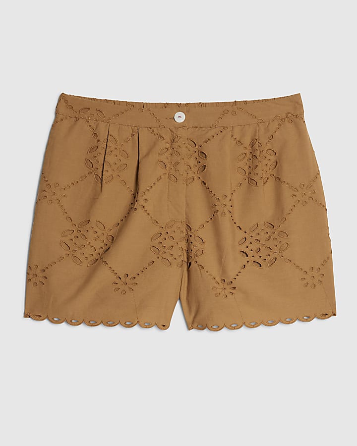 Brown Poplin Broderie Shorts