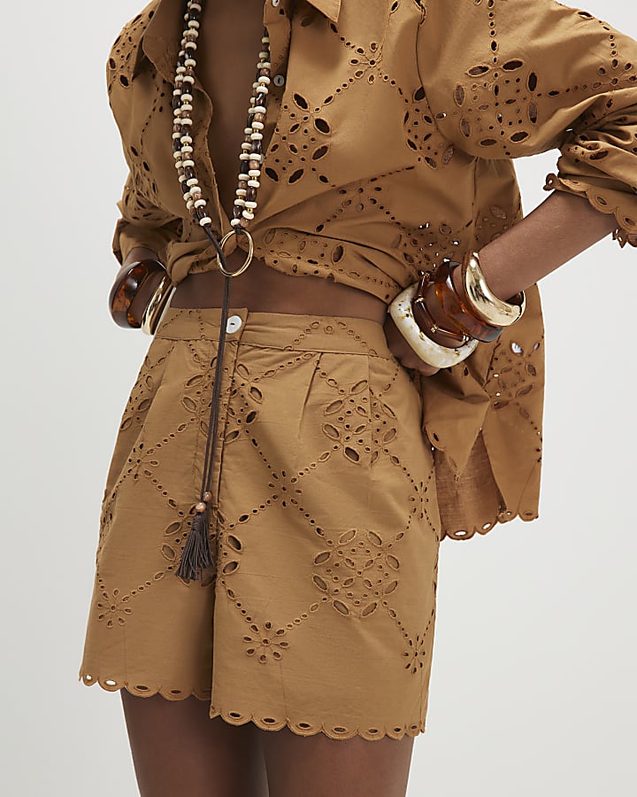 Brown Poplin Broderie Shorts