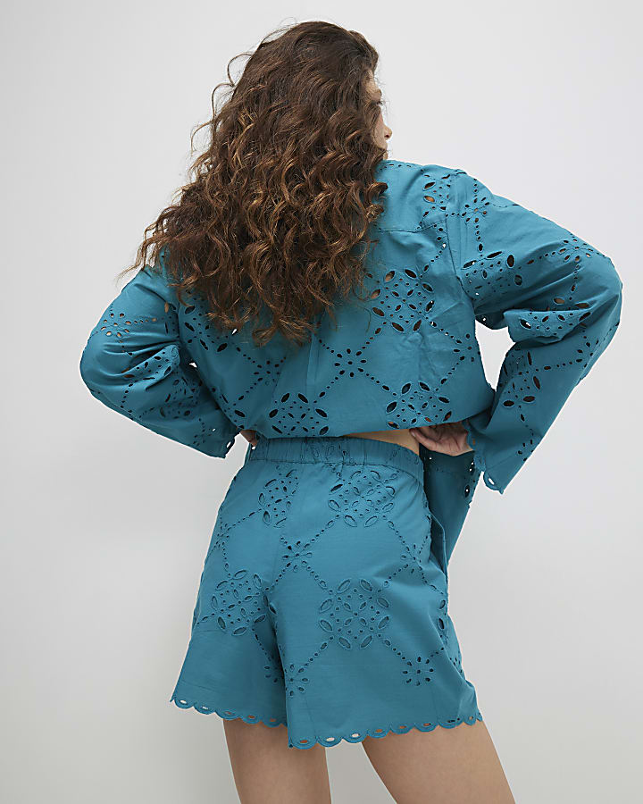 Blue Poplin Cutwork Shorts