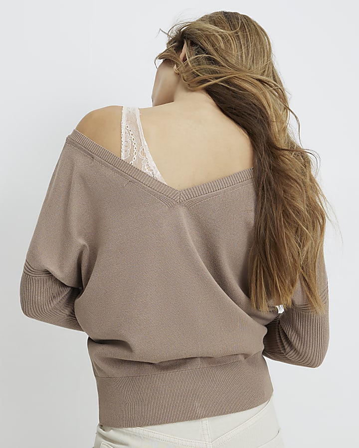 Beige V Neck Button Jumper