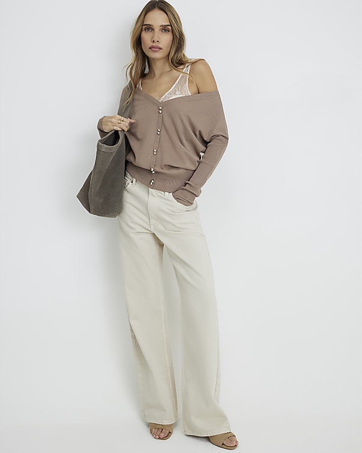 Beige V Neck Button Jumper