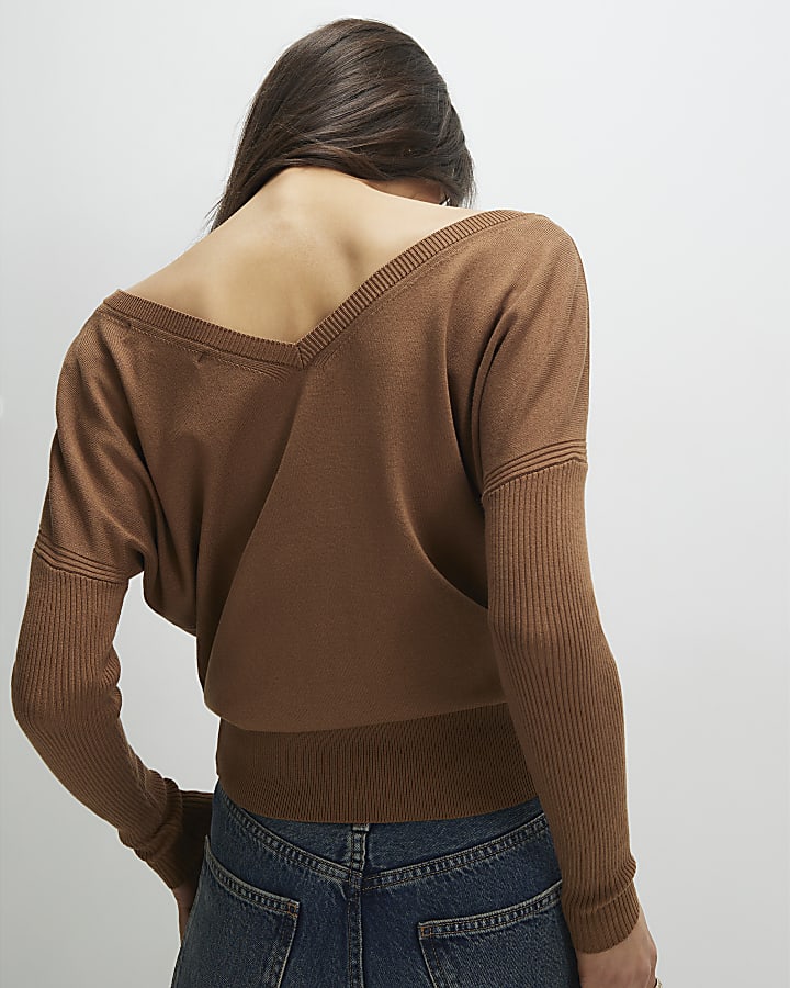 Brown V Neck Button Jumper