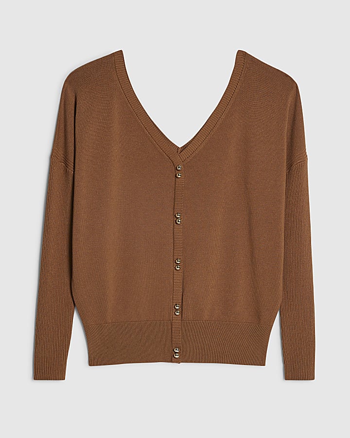 Brown V Neck Button Jumper