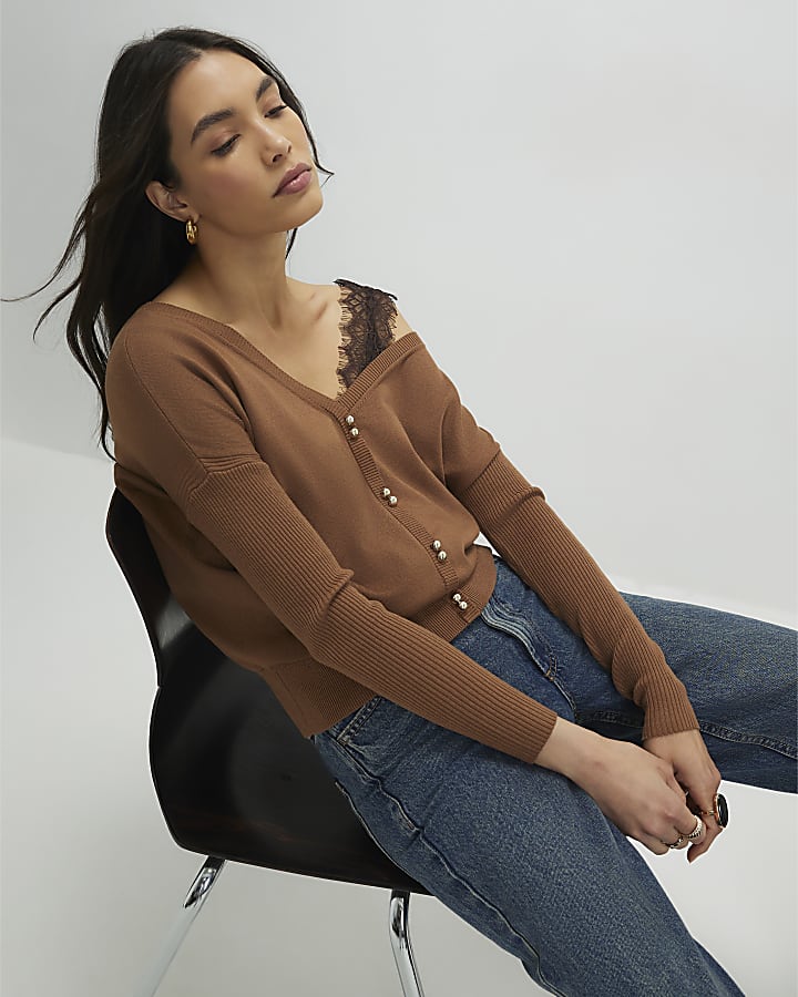 Brown V Neck Button Jumper