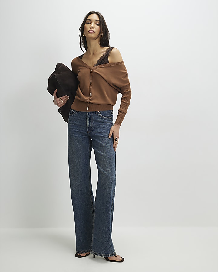 Brown V Neck Button Jumper