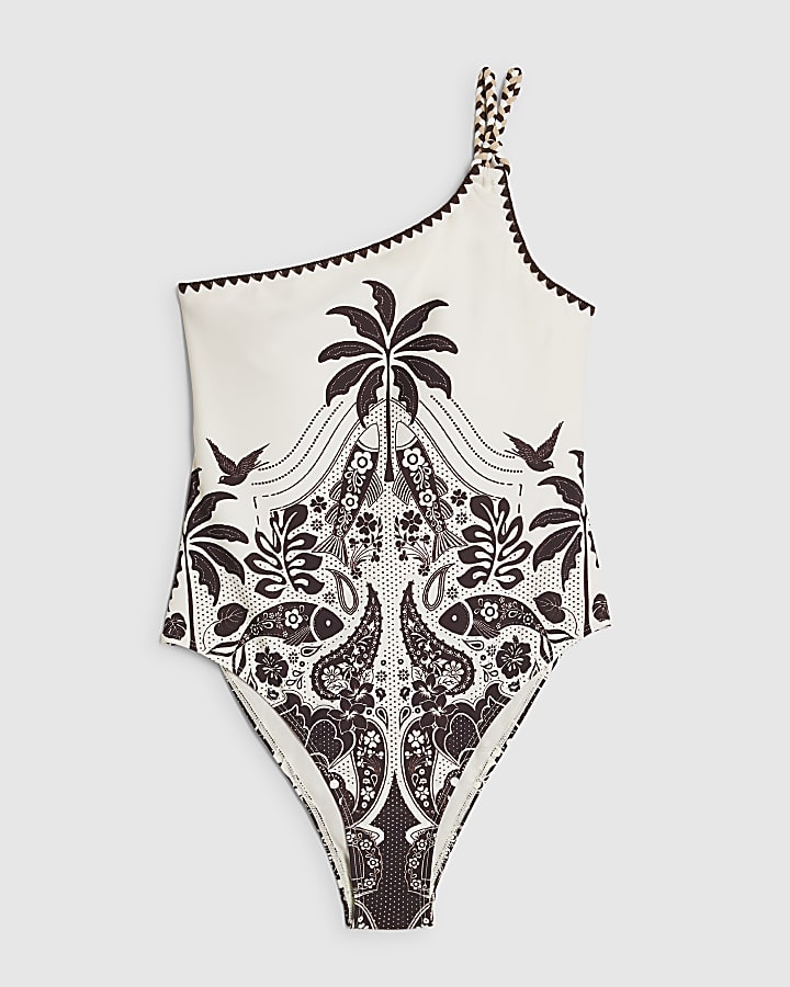Cream One Shoulder Print Swimsuit