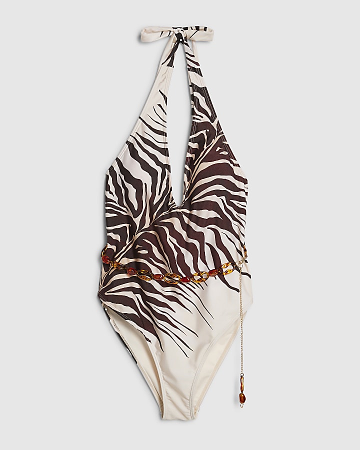 Cream Animal Print Plunge Neck Swimsuit