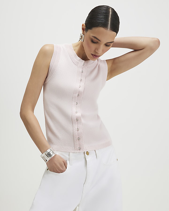 Pink Linen Blend Double Layer Knitted Vest