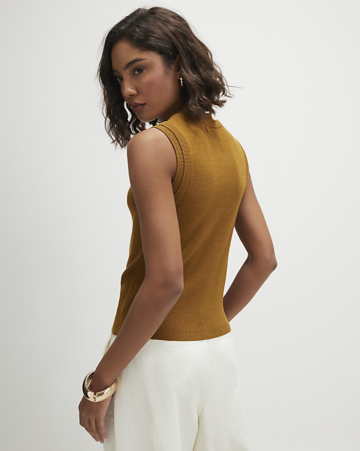 Brown Double Layer Knitted Linen Blend Top