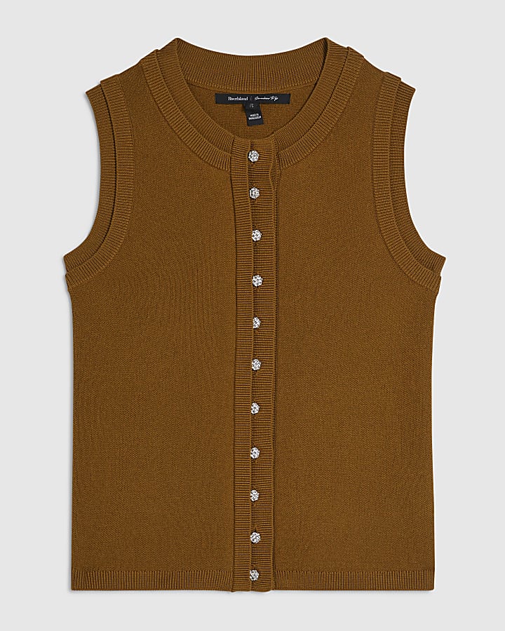 Brown Linen Blend Double Layer Knitted Vest