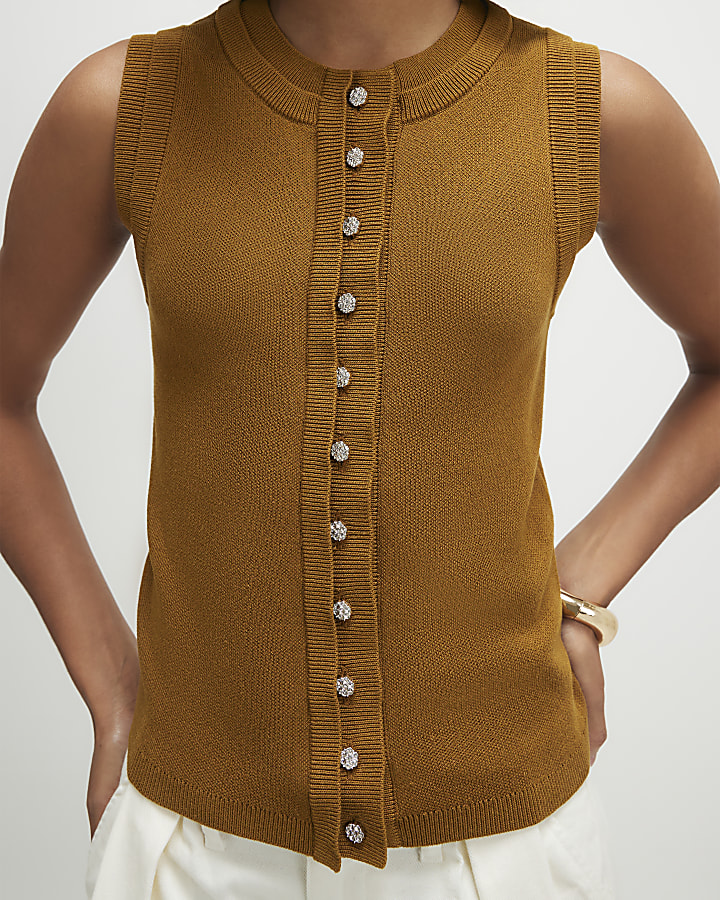 Brown Double Layer Knitted Linen Blend Top