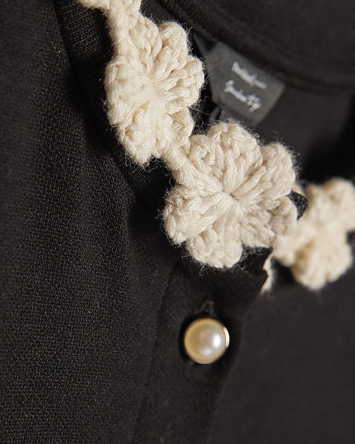 Black Long Sleeve Flower Trim Top