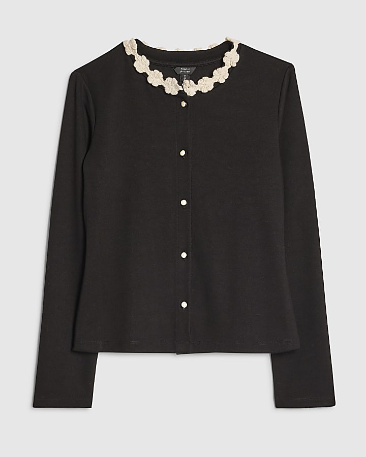 Black Long Sleeve Flower Trim Top