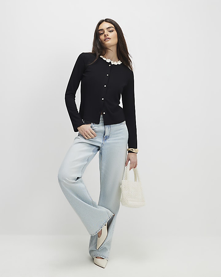 Black Long Sleeve Flower Trim Top