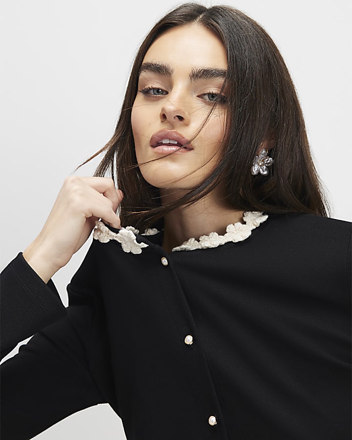 Black Long Sleeve Flower Trim Top