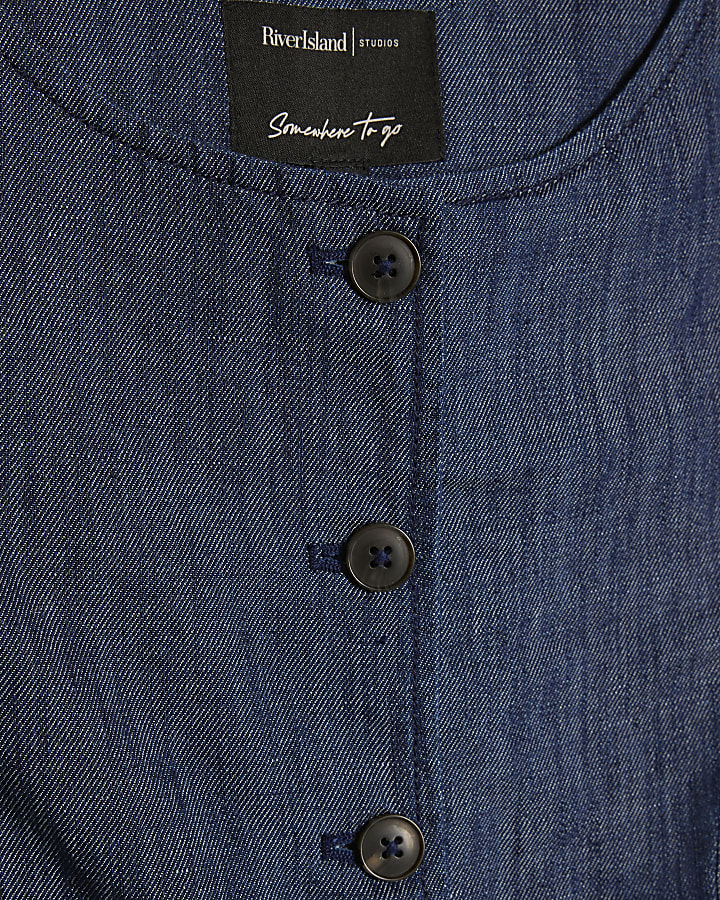 Blue Linen Blend Sleeveless Denim Waistcoat