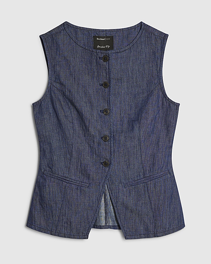 Blue Linen Blend Sleeveless Denim Waistcoat