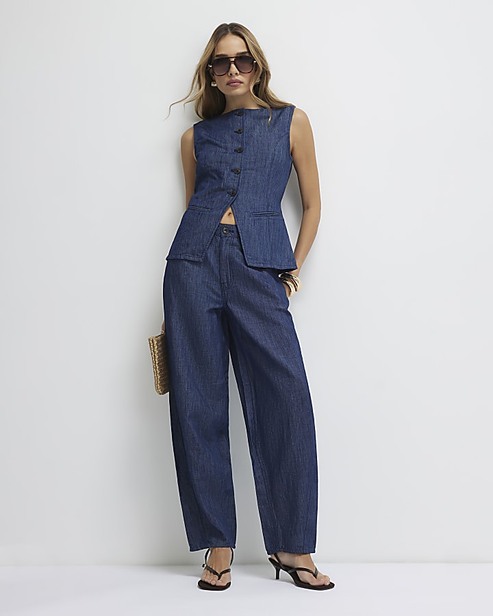 Blue Linen Blend Sleeveless Denim Waistcoat