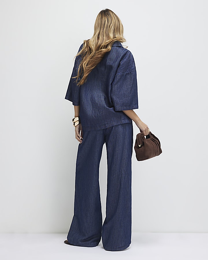 Blue Linen Blend Wide Leg Trousers