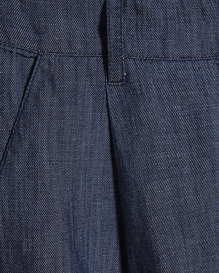 Blue Linen Blend Wide Leg Trousers