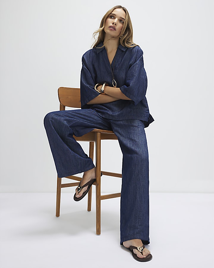 Blue Linen Blend Wide Leg Trousers