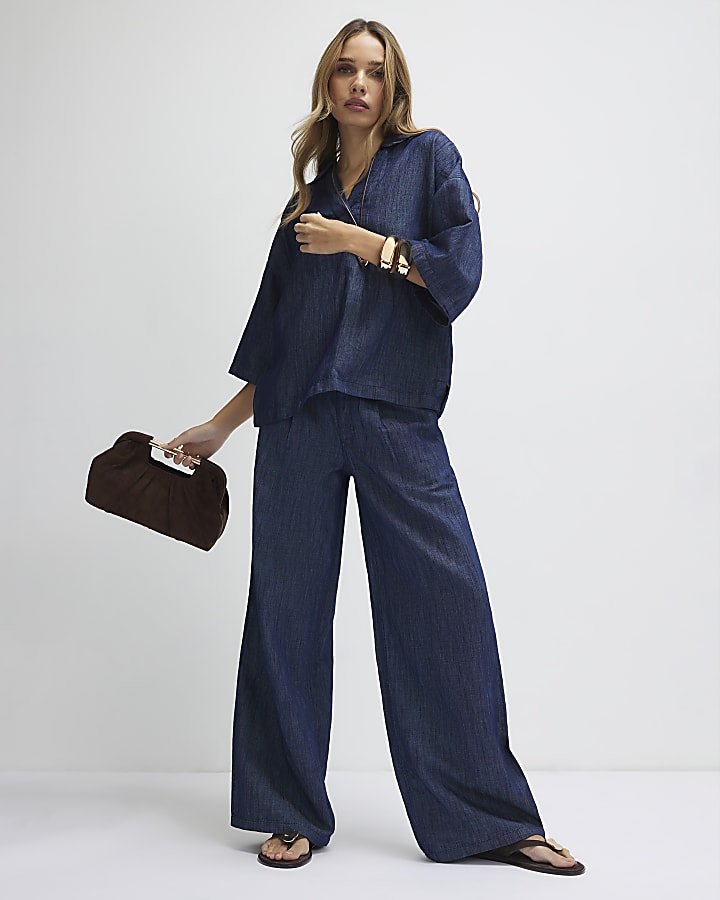 Blue Linen Blend Wide Leg Trousers