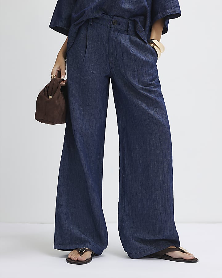 Blue Linen Blend Wide Leg Trousers