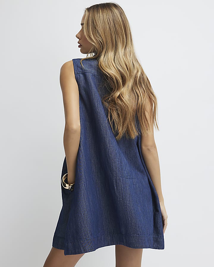 Blue Linen Blend Mini Dress