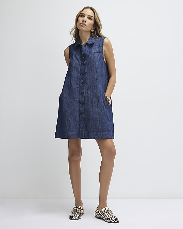 Blue Linen Blend Mini Dress