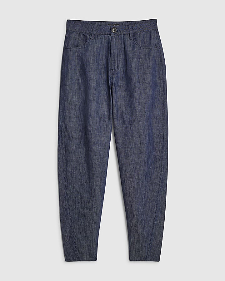 Blue Linen Blend Barrel Leg Trousers