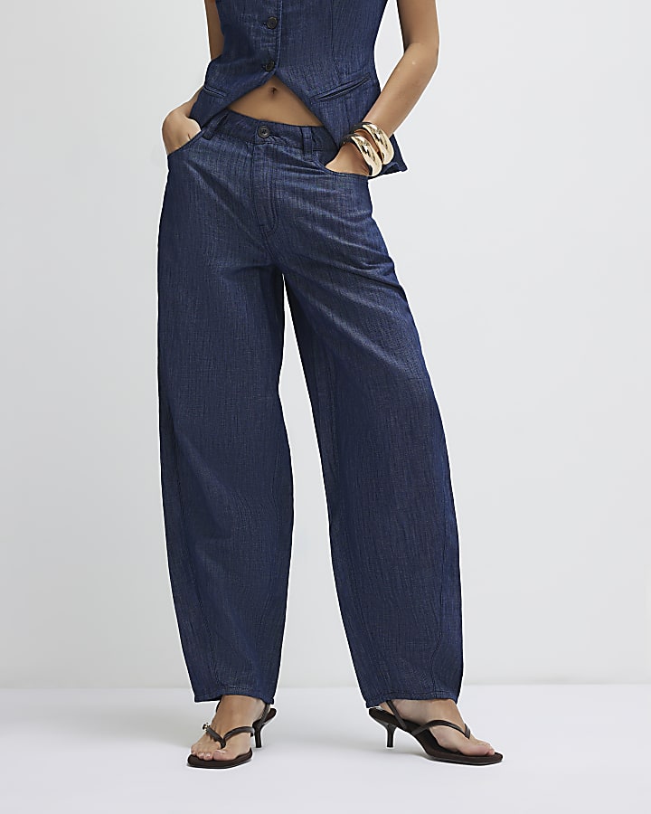 Blue Linen Blend Barrel Leg Trousers