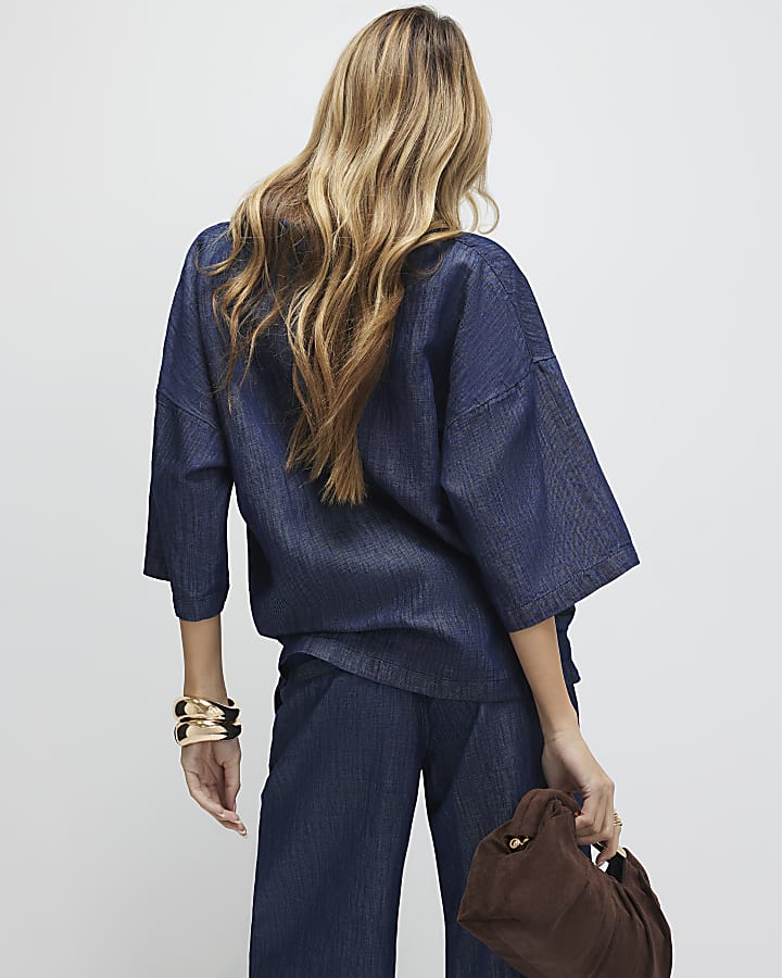 Blue Linen Blend Tunic Top