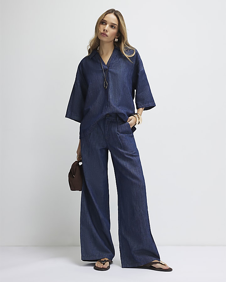 Blue Linen Blend Tunic Top