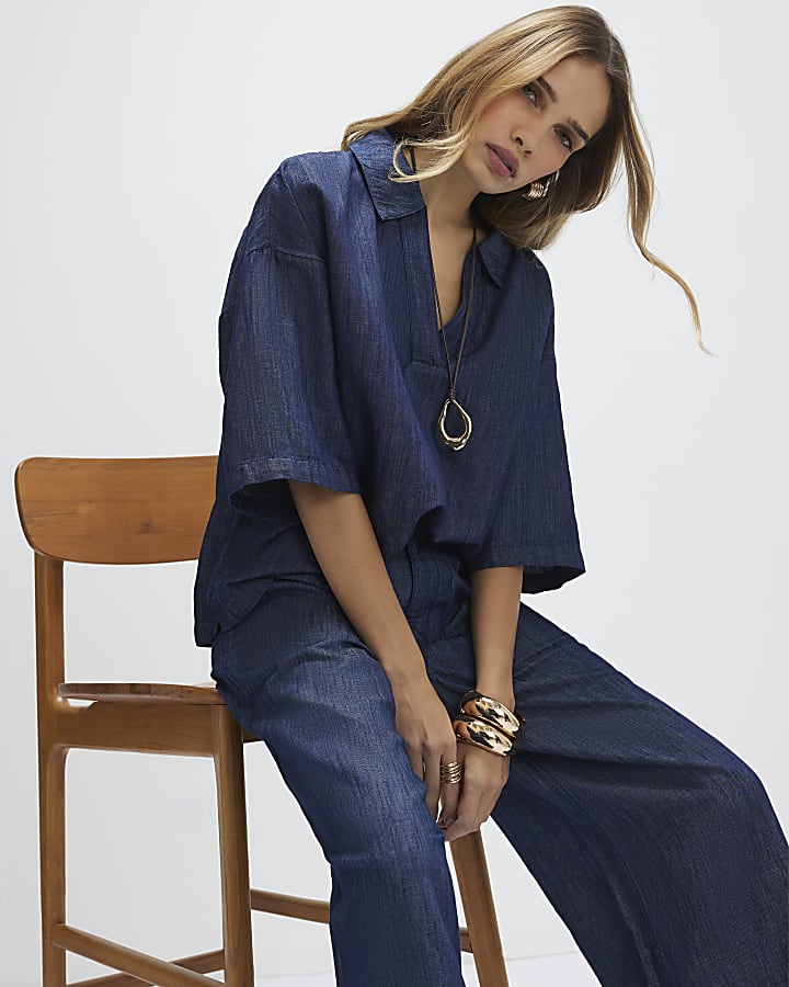 Blue Linen Blend Tunic Top