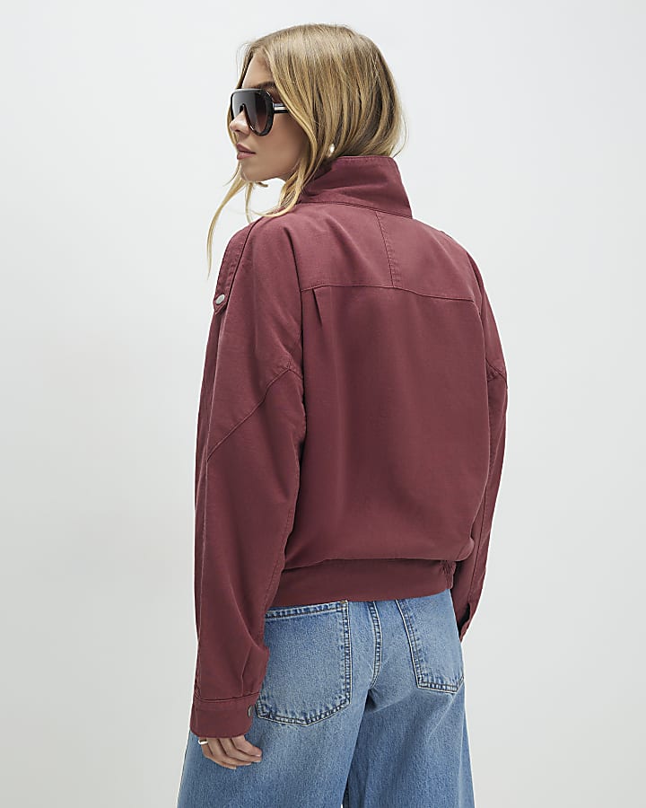 Red Washed Funnel Neck Bomber Jacket